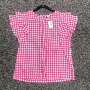 NWT J. Crew Pink/White Gingham Flutter Sleeve Top Size M